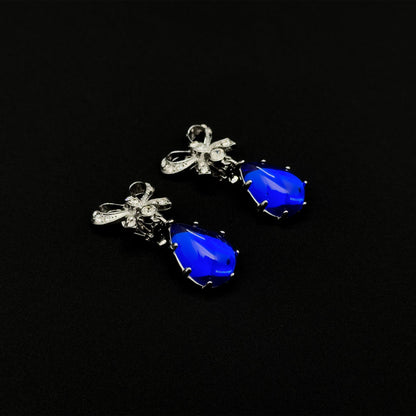 Art Deco Bow Sapphire Drop Earrings with Rhinestone Accents