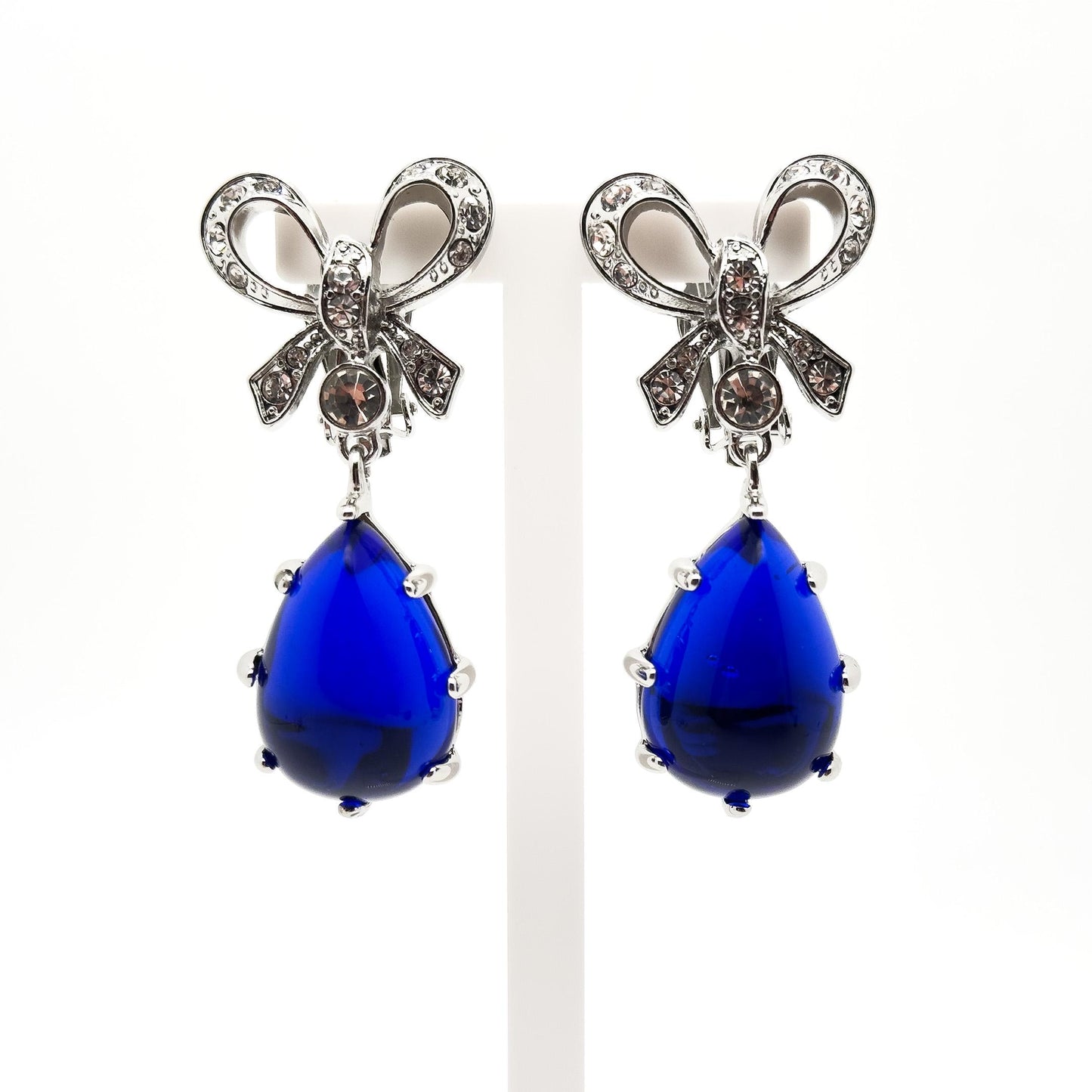 Art Deco Bow Sapphire Drop Earrings with Rhinestone Accents