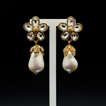 French Vintage Baroque Pearl Teardrop Floral Dangle Earrings Gold-plated