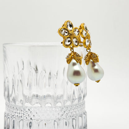 French Vintage Baroque Pearl Teardrop Floral Dangle Earrings Gold-plated
