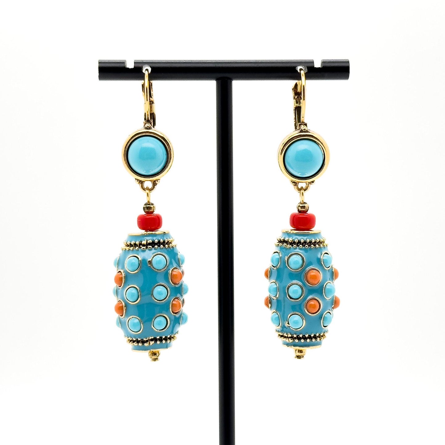 Vintage Ethnic Turquoise Thangka Drop Earrings Copper Enamel Tribal