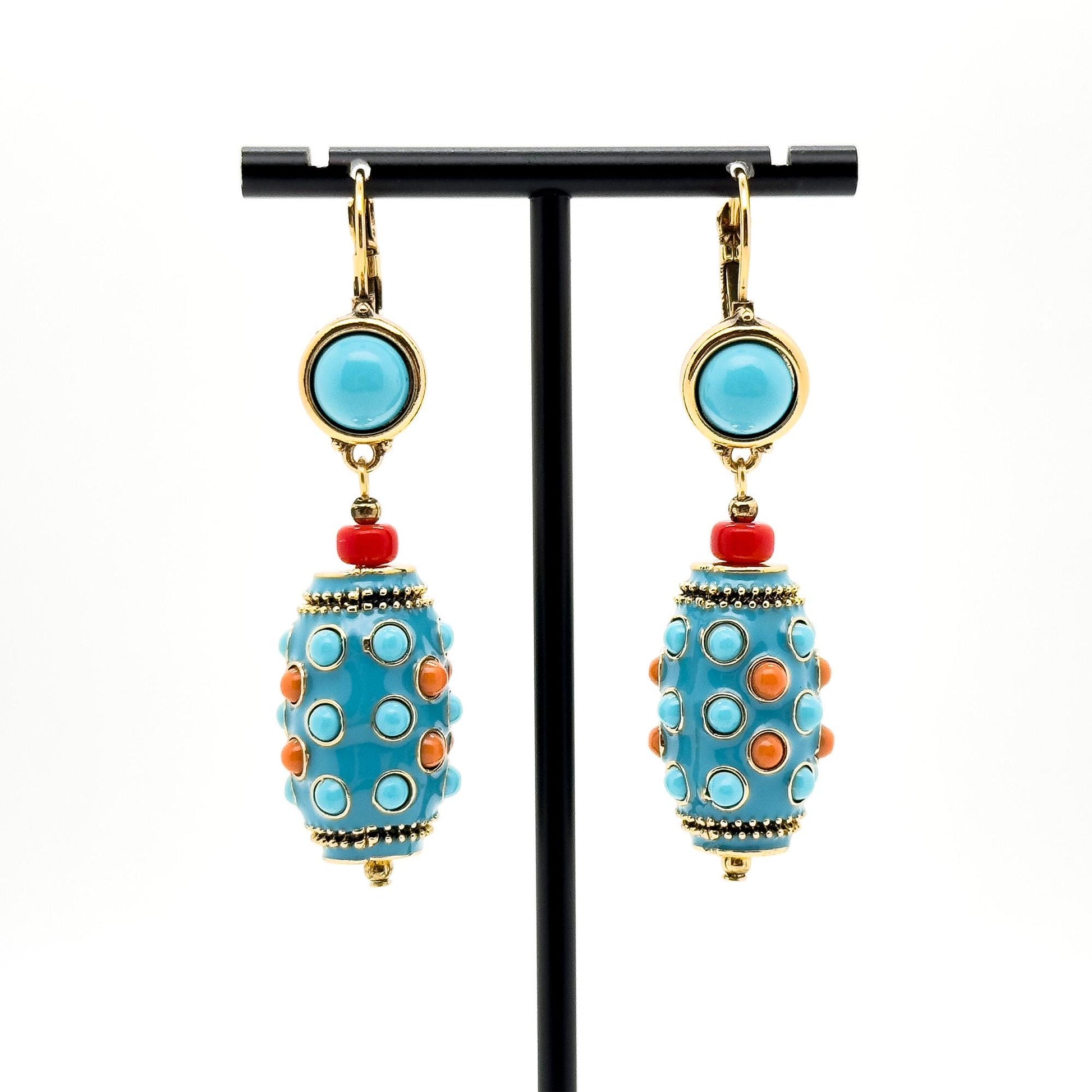 Vintage Ethnic Turquoise Thangka Drop Earrings Copper Enamel Tribal