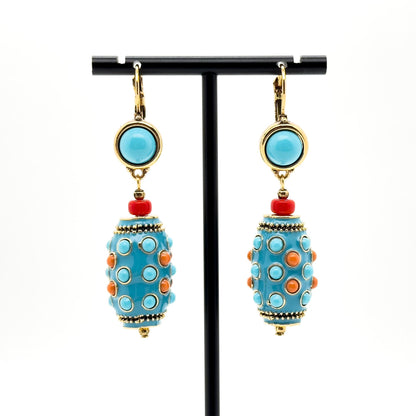 Vintage Ethnic Turquoise Thangka Drop Earrings Copper Enamel Tribal