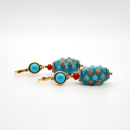 Vintage Ethnic Turquoise Thangka Drop Earrings Copper Enamel Tribal