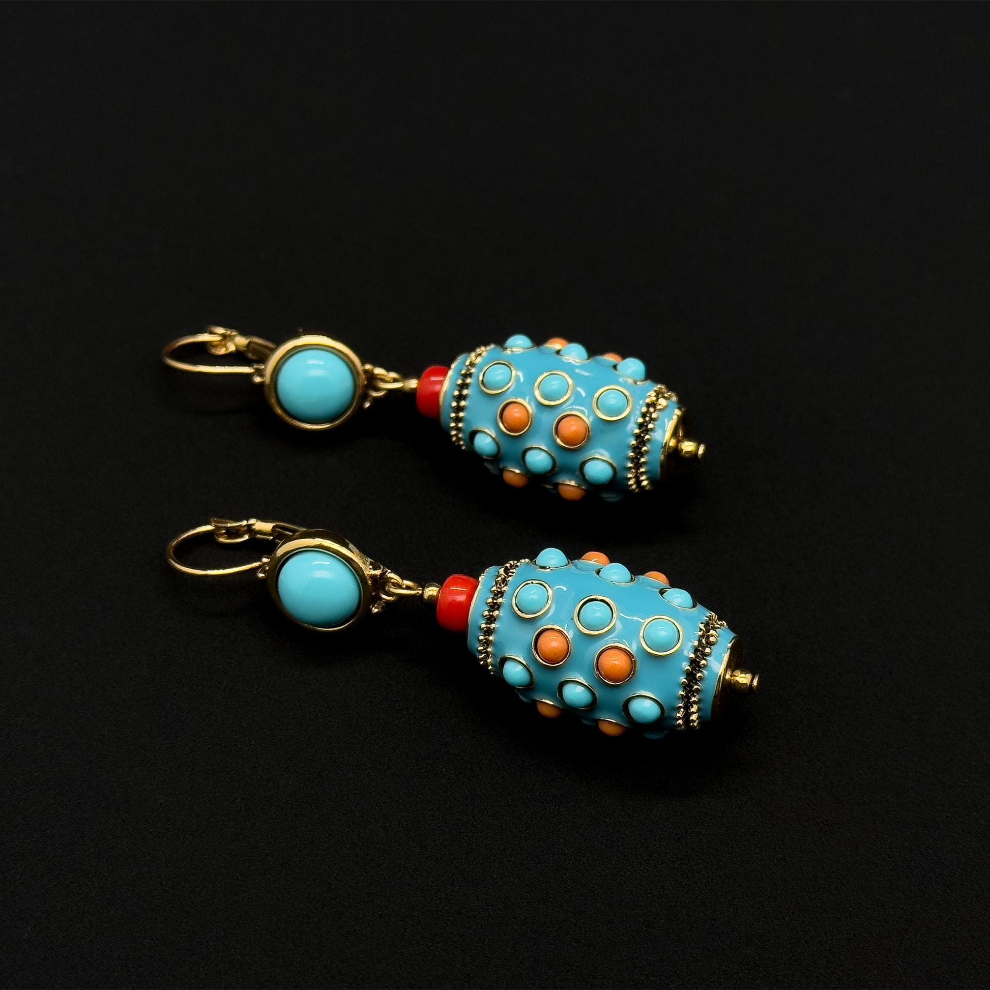 Vintage Ethnic Turquoise Thangka Drop Earrings Copper Enamel Tribal