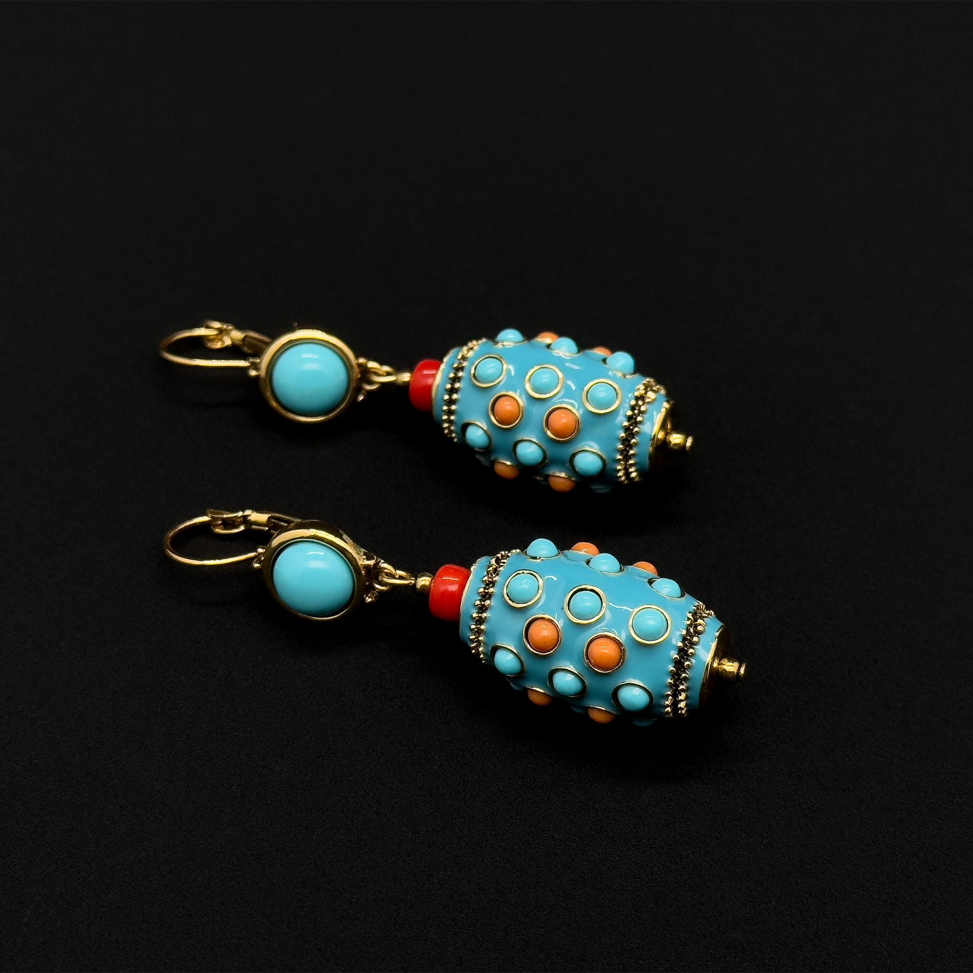 Vintage Ethnic Turquoise Thangka Drop Earrings Copper Enamel Tribal