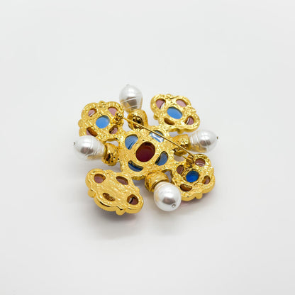 Handcrafted Vintage Art Deco Brooch featuring Lapis Lazuli, Crystal and Pearl