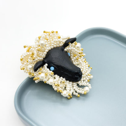 Vintage Art Deco Sheep Beaded Brooch with Gold-Plated Detail
