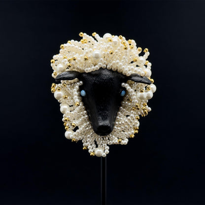 Vintage Art Deco Sheep Beaded Brooch with Gold-Plated Detail