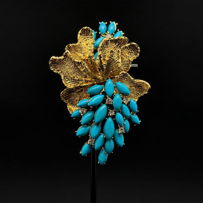 Vintage Art Deco Blue Grape Brooch Gold-Plated Rhinestone Leaf