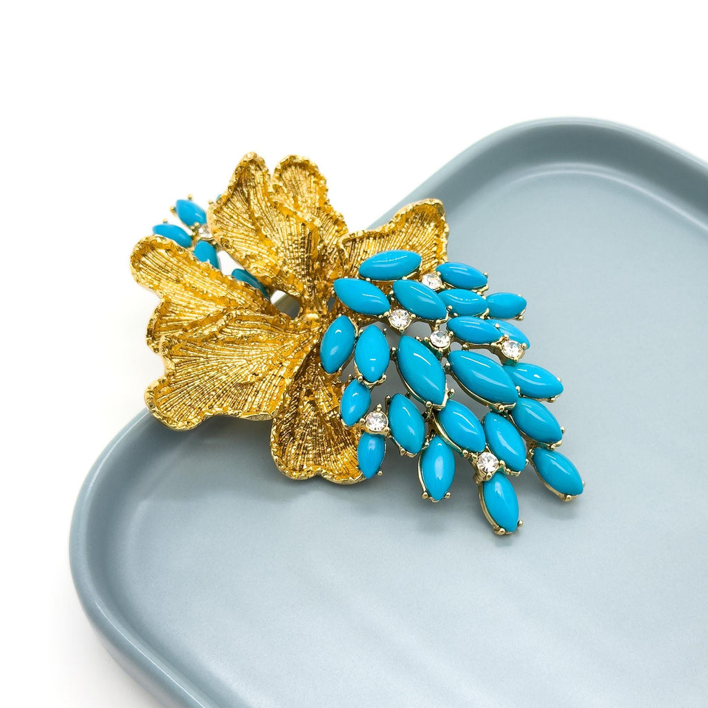 Vintage Art Deco Blue Grape Brooch Gold-Plated Rhinestone Leaf