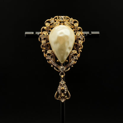 Vintage Art Deco Pearl Teardrop Brooch Gold-Plated Rhinestone Brooch