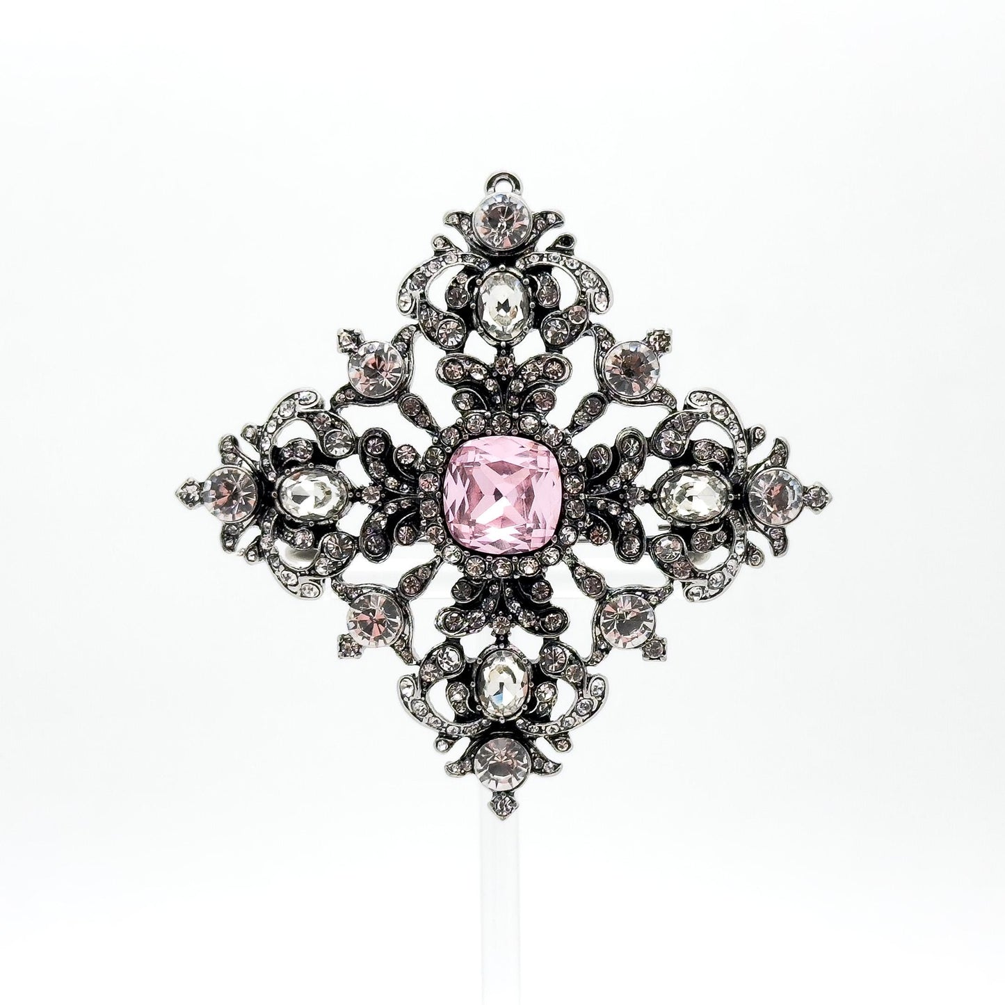 French Vintage Pink Crystal Geometric Brooch Pendant Elegant Rhinestone Pin