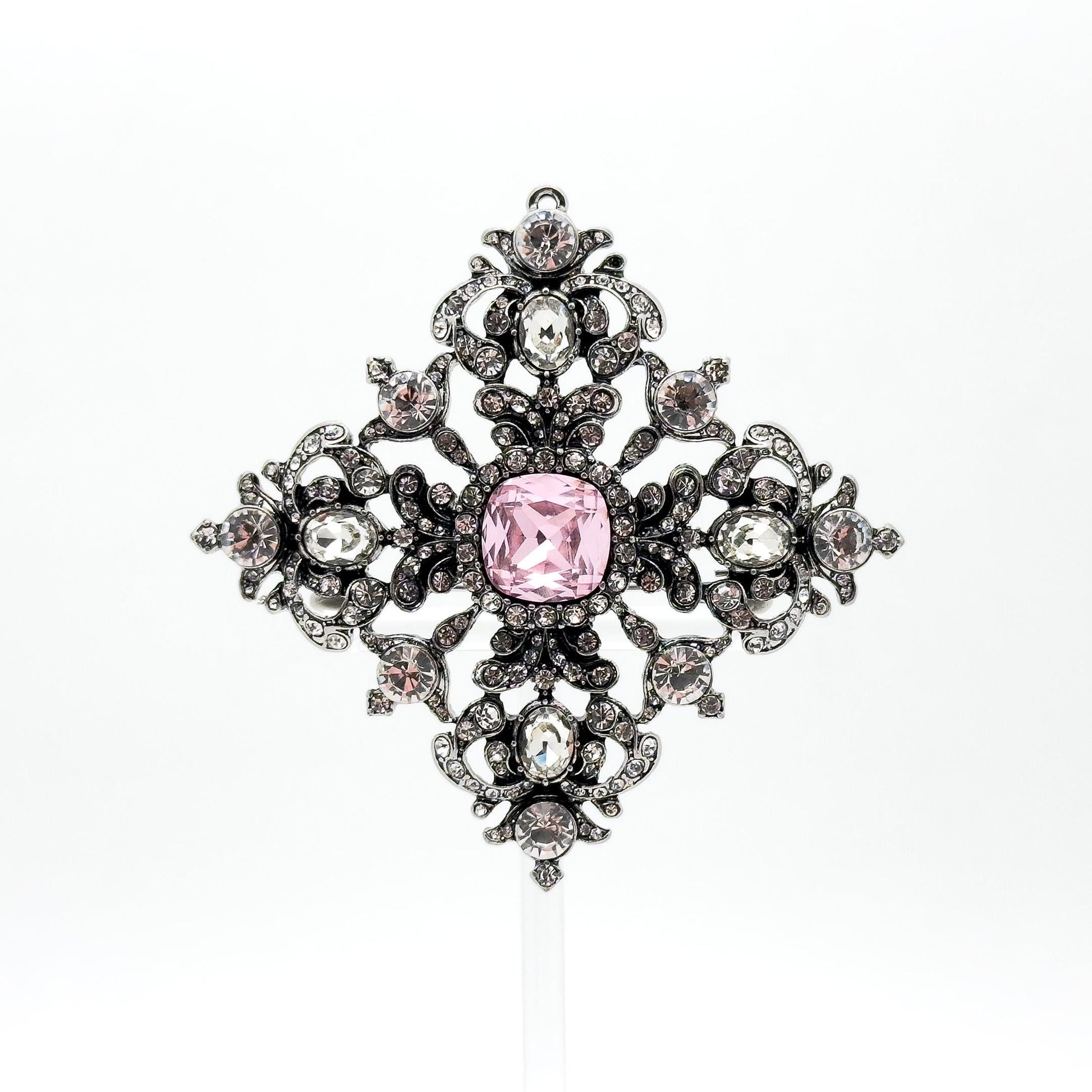 French Vintage Pink Crystal Geometric Brooch Pendant Elegant Rhinestone Pin