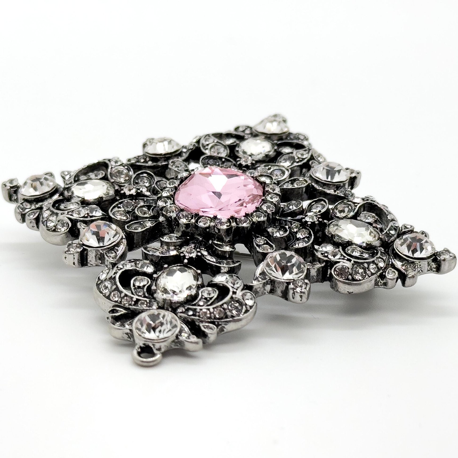 French Vintage Pink Crystal Geometric Brooch Pendant Elegant Rhinestone Pin