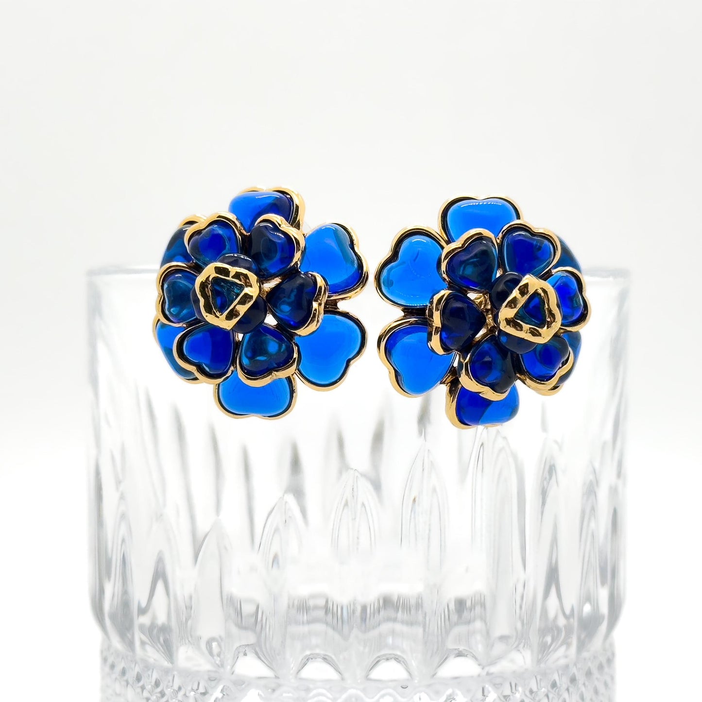 French Vintage Blue Floral Resin Stud Earrings, Gold-Plated Copper
