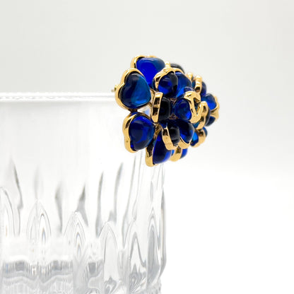 French Vintage Blue Floral Resin Stud Earrings, Gold-Plated Copper