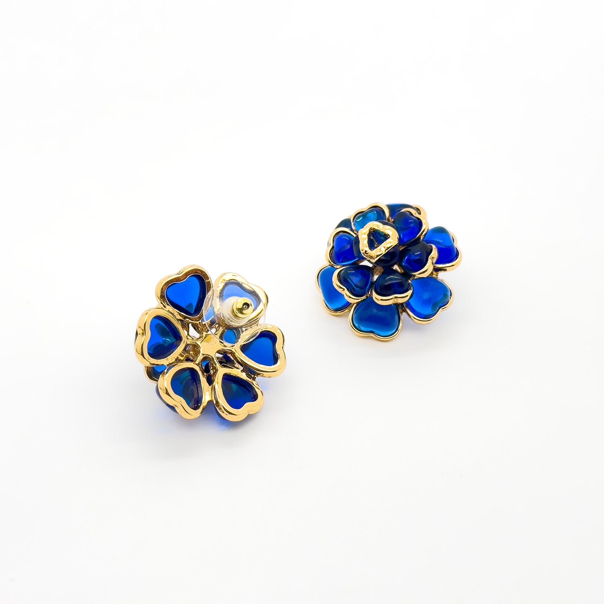 French Vintage Blue Floral Resin Stud Earrings, Gold-Plated Copper