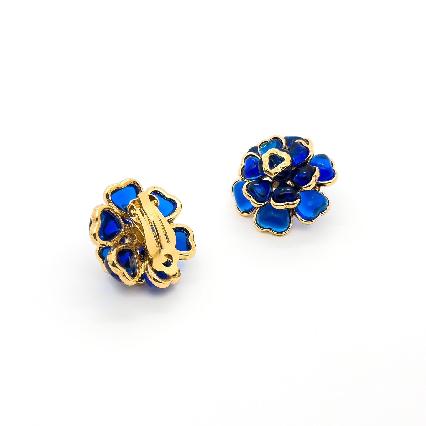 French Vintage Blue Floral Resin Stud Earrings, Gold-Plated Copper