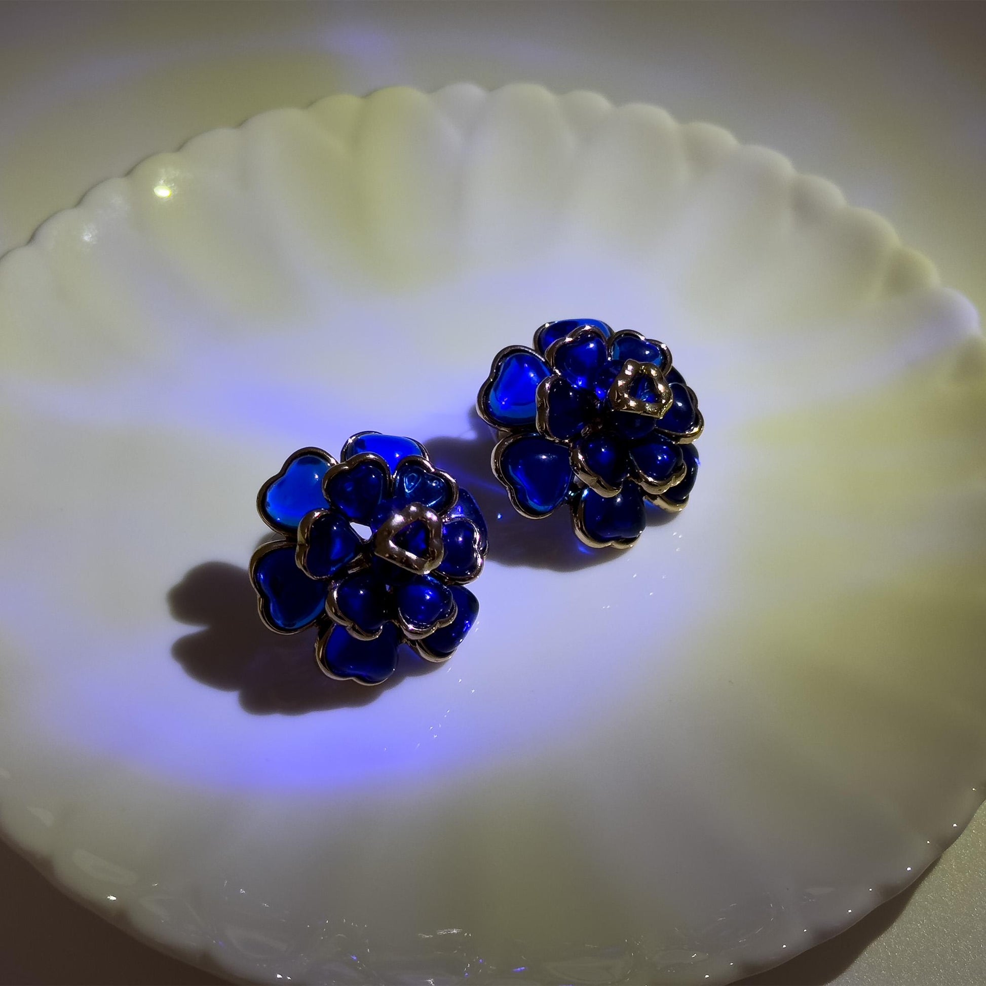 French Vintage Blue Floral Resin Stud Earrings, Gold-Plated Copper