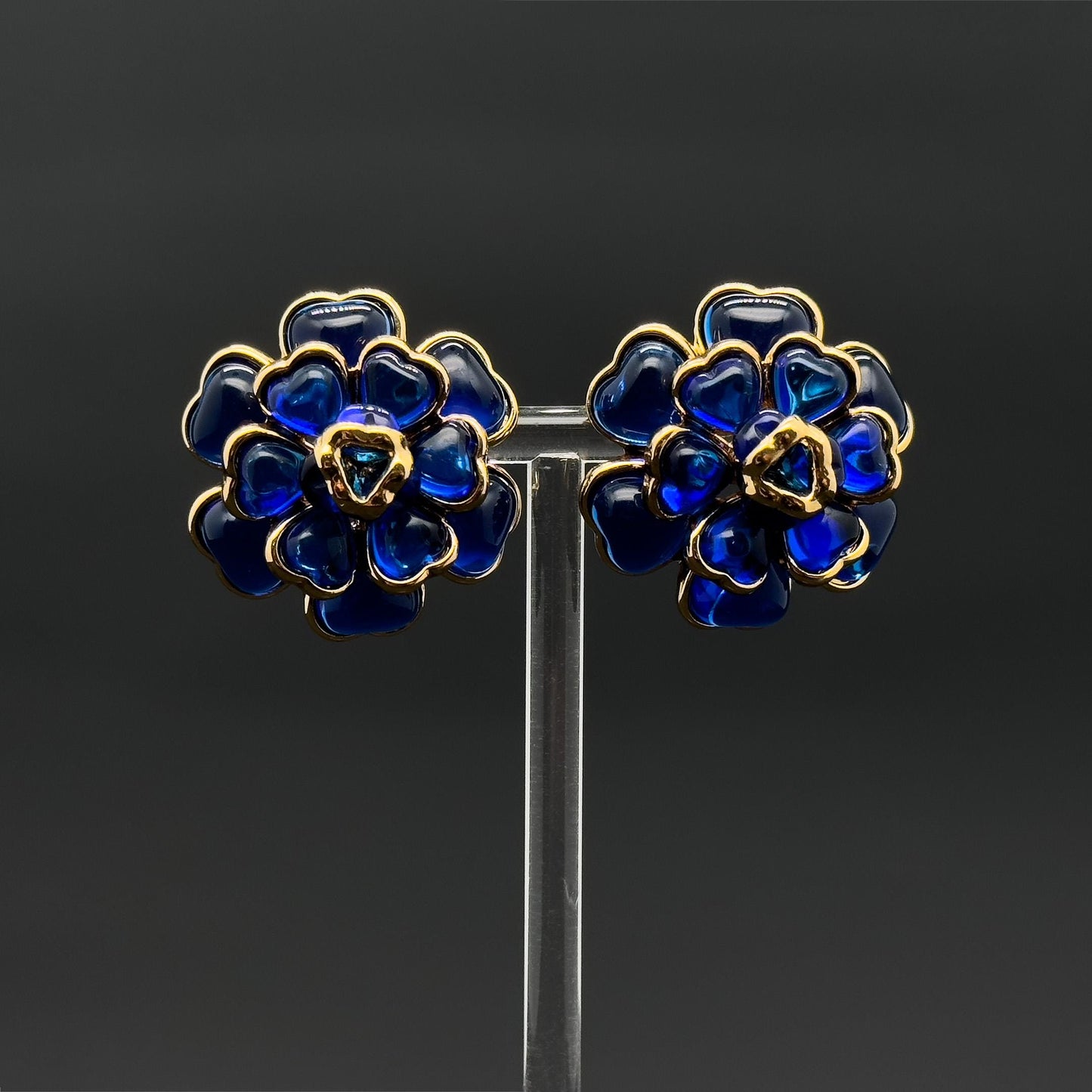 French Vintage Blue Floral Resin Stud Earrings, Gold-Plated Copper