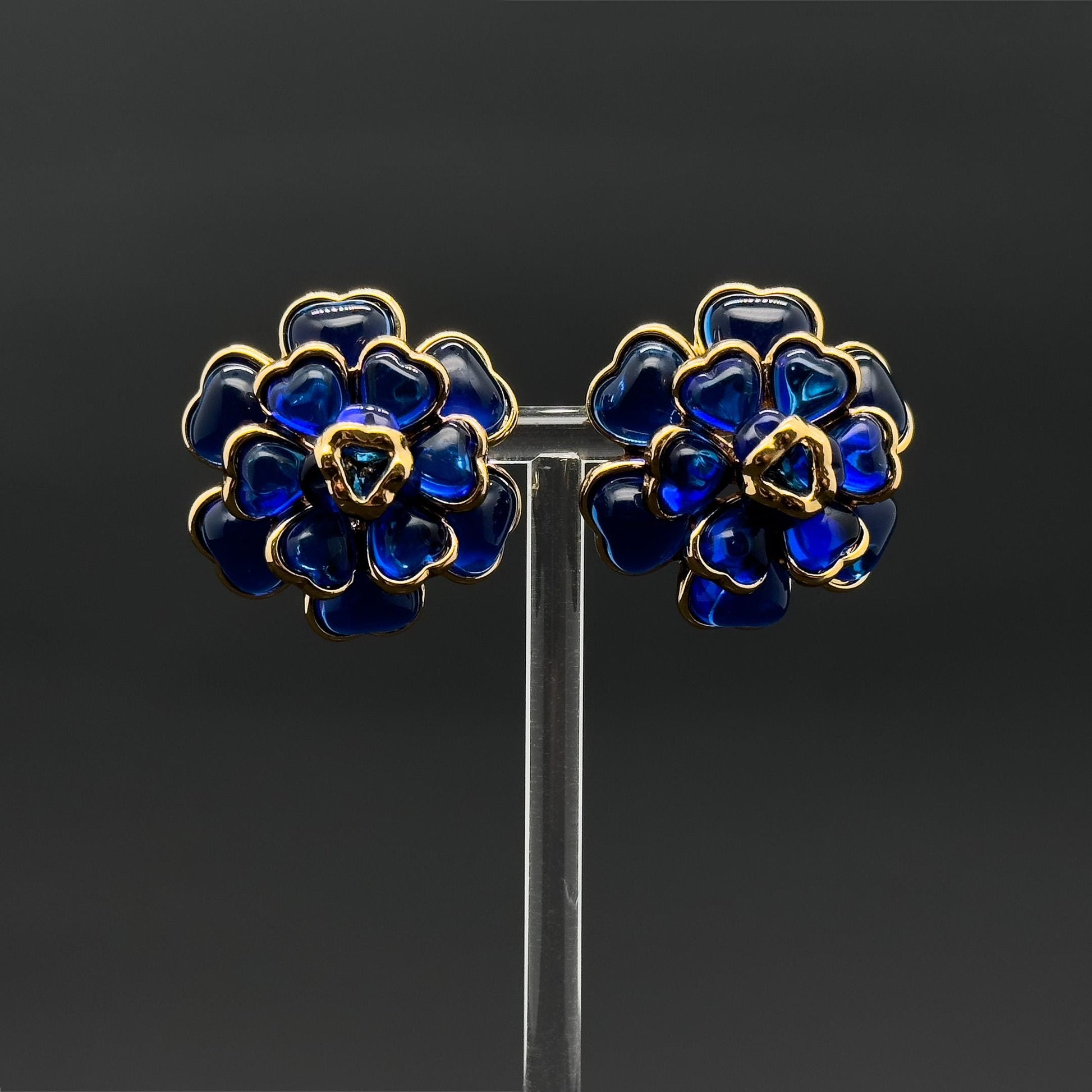 French Vintage Blue Floral Resin Stud Earrings, Gold-Plated Copper