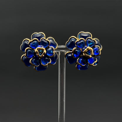 French Vintage Blue Floral Resin Stud Earrings, Gold-Plated Copper
