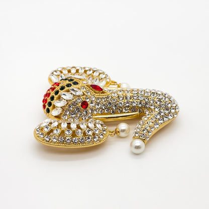 18k Gold-Plated Crystal Elephant Brooch with Pearls, Art Deco Elegance