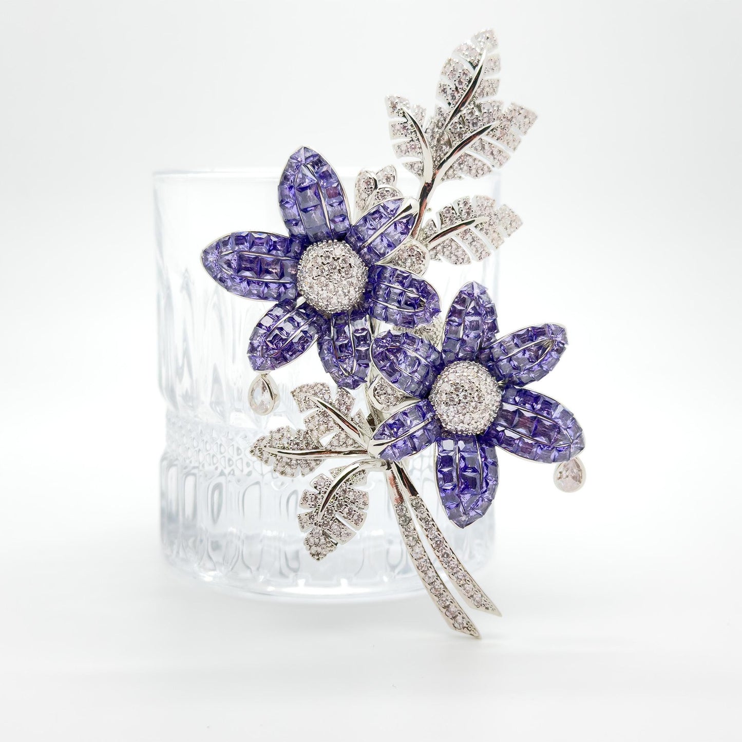 Leaf and Flower Crystal Brooch 12cm Art Deco Elegant Pin