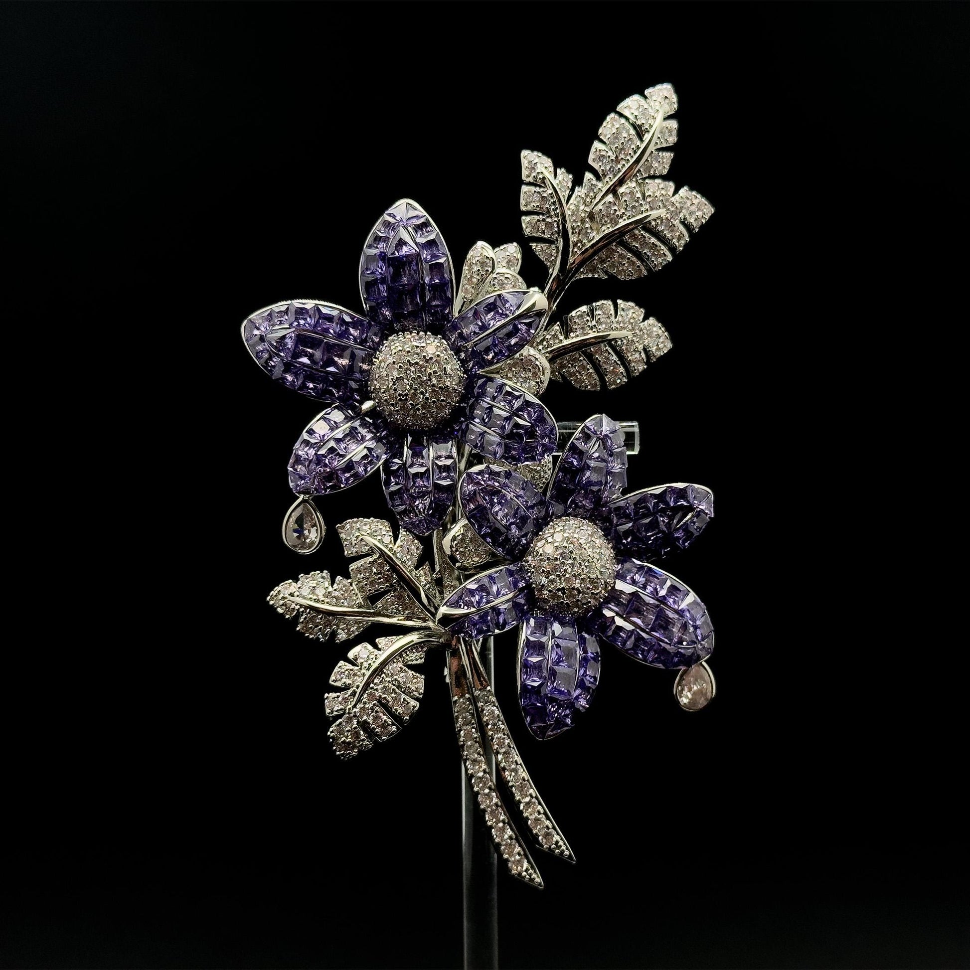 Leaf and Flower Crystal Brooch 12cm Art Deco Elegant Pin