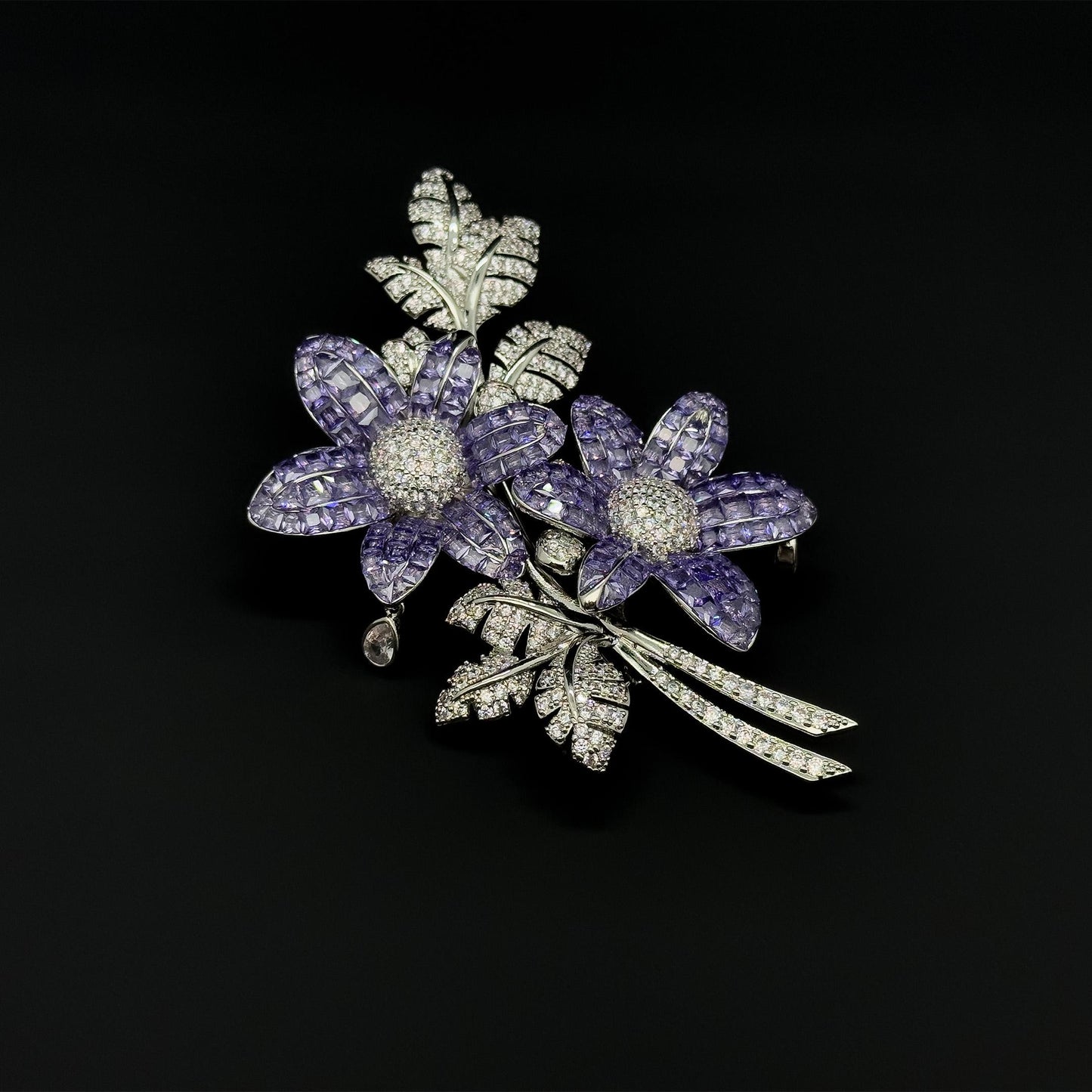 Leaf and Flower Crystal Brooch 12cm Art Deco Elegant Pin