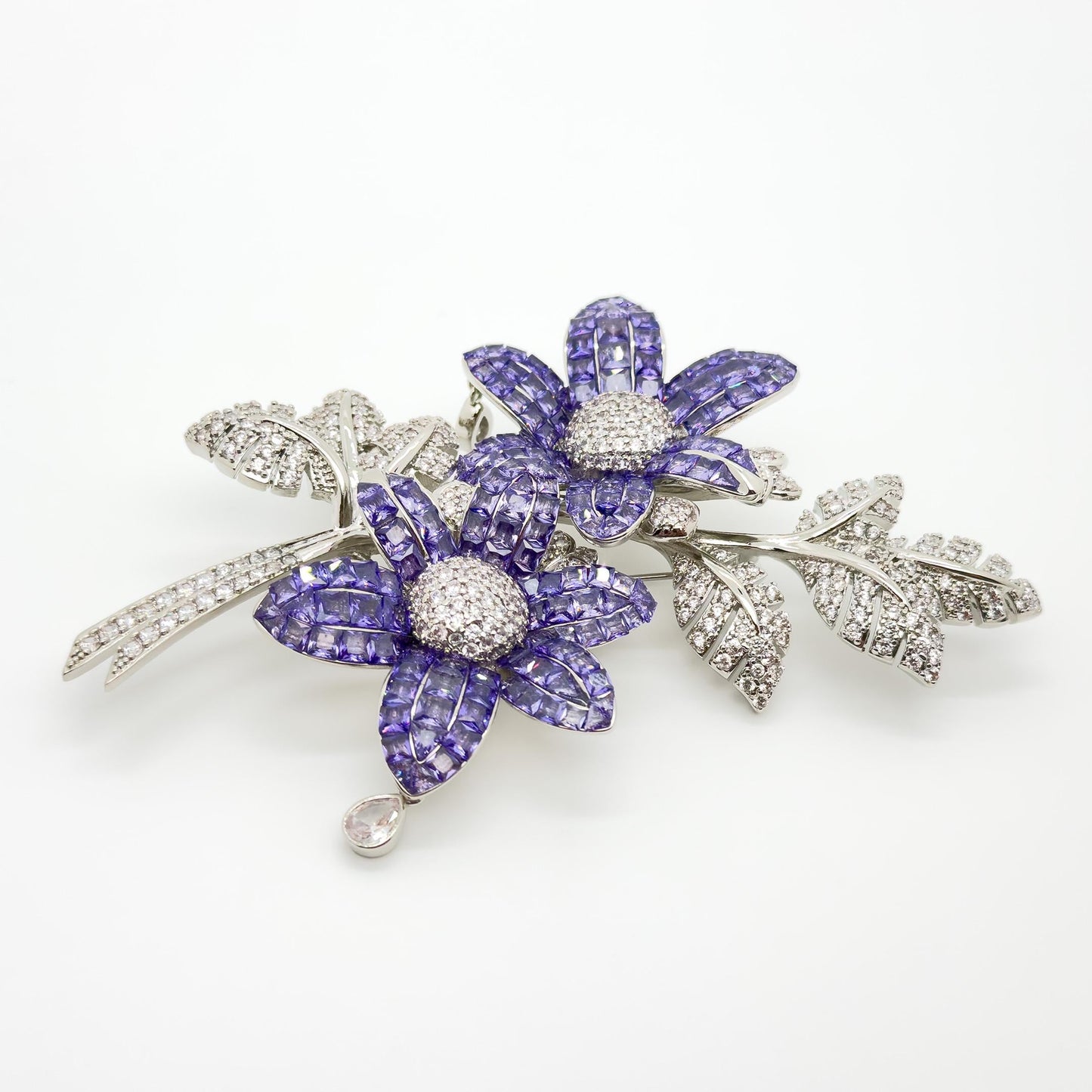 Leaf and Flower Crystal Brooch 12cm Art Deco Elegant Pin