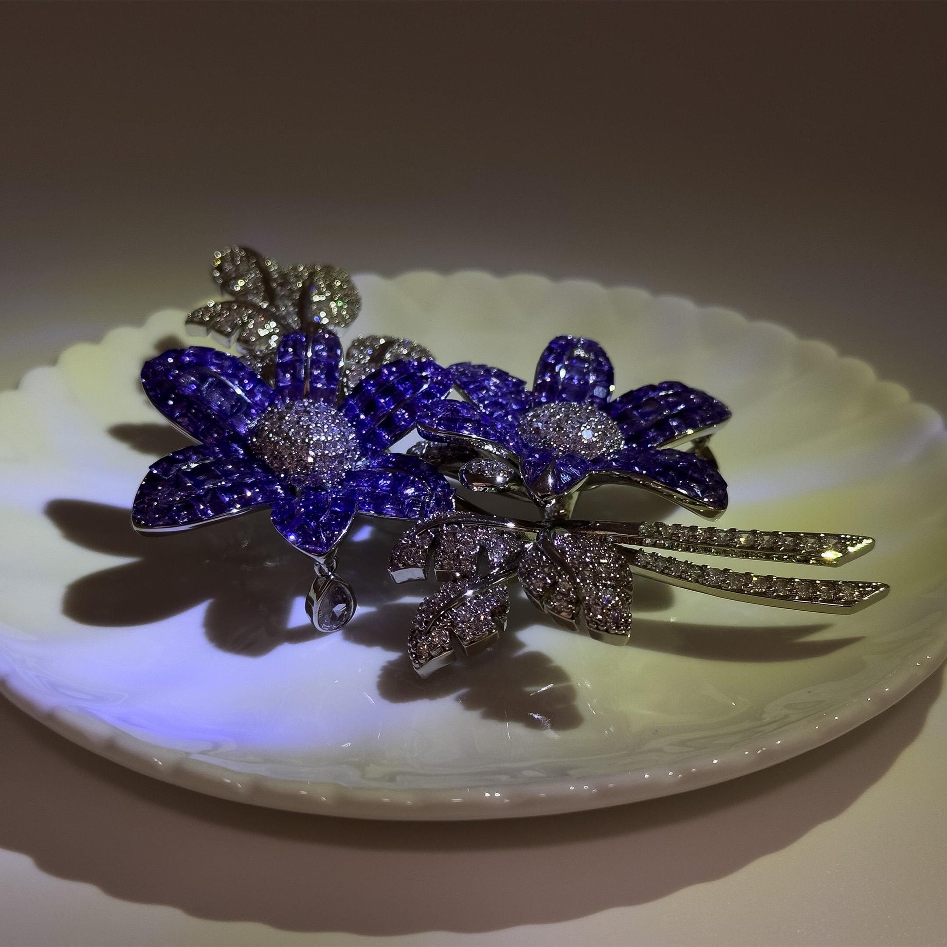 Leaf and Flower Crystal Brooch 12cm Art Deco Elegant Pin