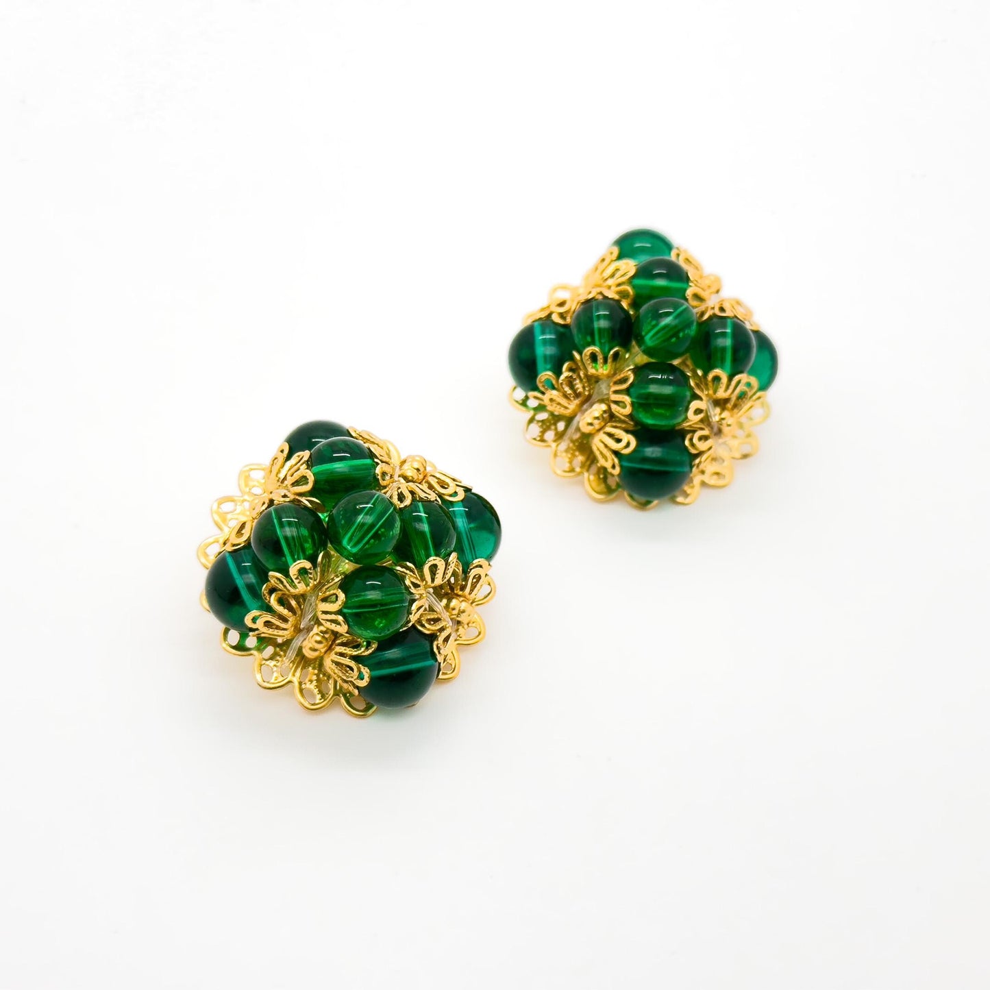 French Vintage Green Glass Clip-On Earrings Gold-Plated Copper