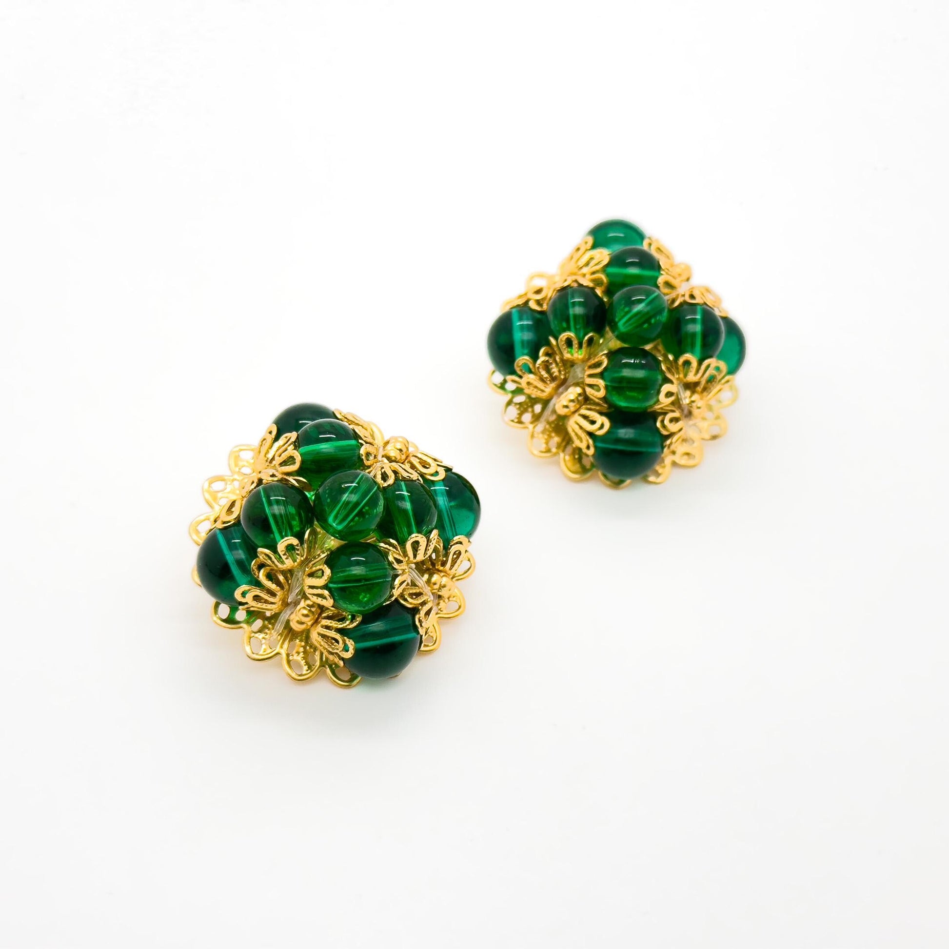 French Vintage Green Glass Clip-On Earrings Gold-Plated Copper