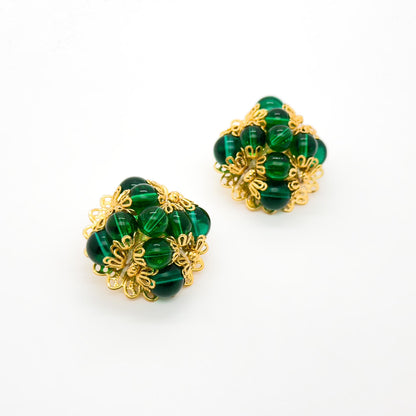 French Vintage Green Glass Clip-On Earrings Gold-Plated Copper