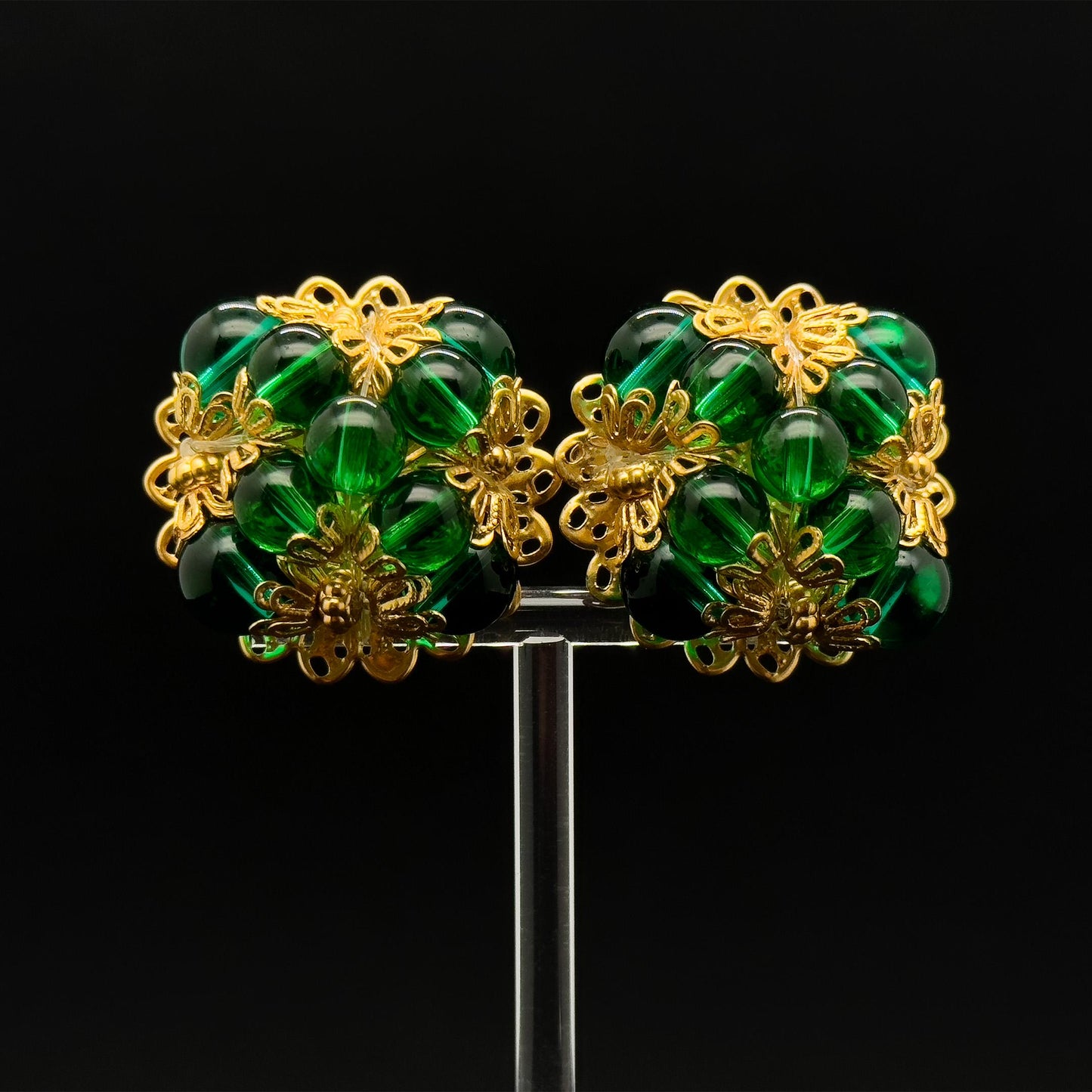 French Vintage Green Glass Clip-On Earrings Gold-Plated Copper