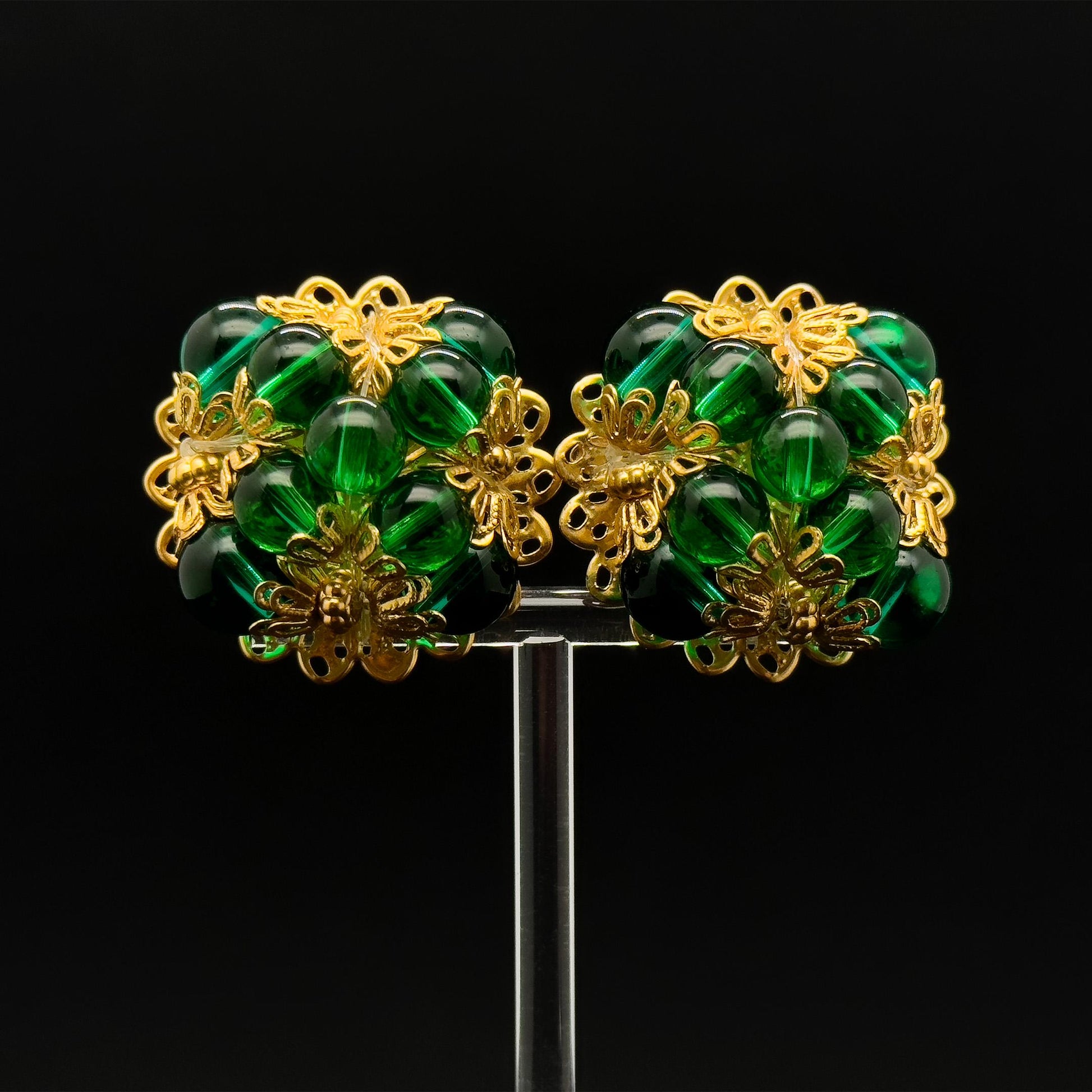 French Vintage Green Glass Clip-On Earrings Gold-Plated Copper