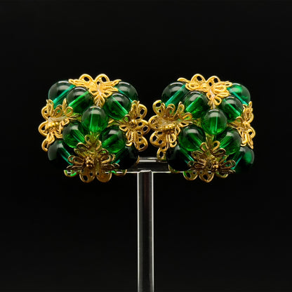 French Vintage Green Glass Clip-On Earrings Gold-Plated Copper