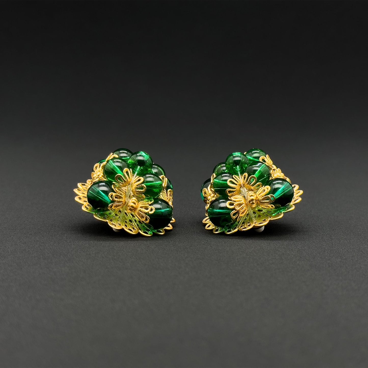 French Vintage Green Glass Clip-On Earrings Gold-Plated Copper