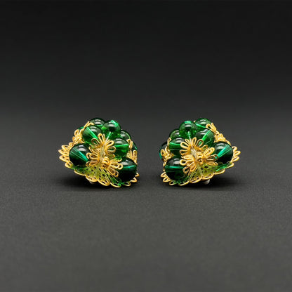 French Vintage Green Glass Clip-On Earrings Gold-Plated Copper