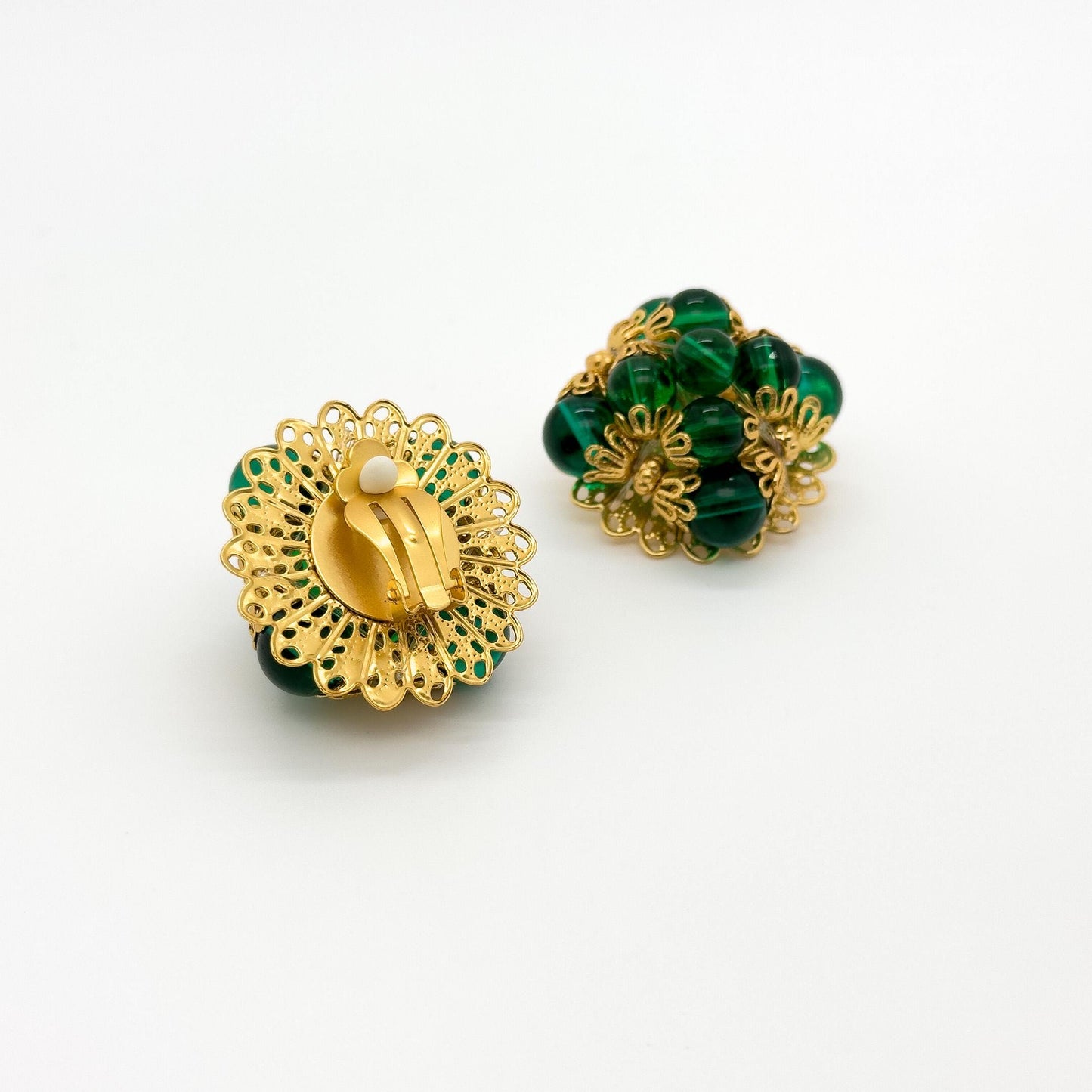 French Vintage Green Glass Clip-On Earrings Gold-Plated Copper