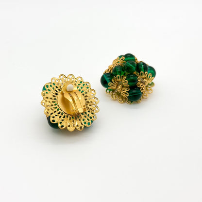 French Vintage Green Glass Clip-On Earrings Gold-Plated Copper