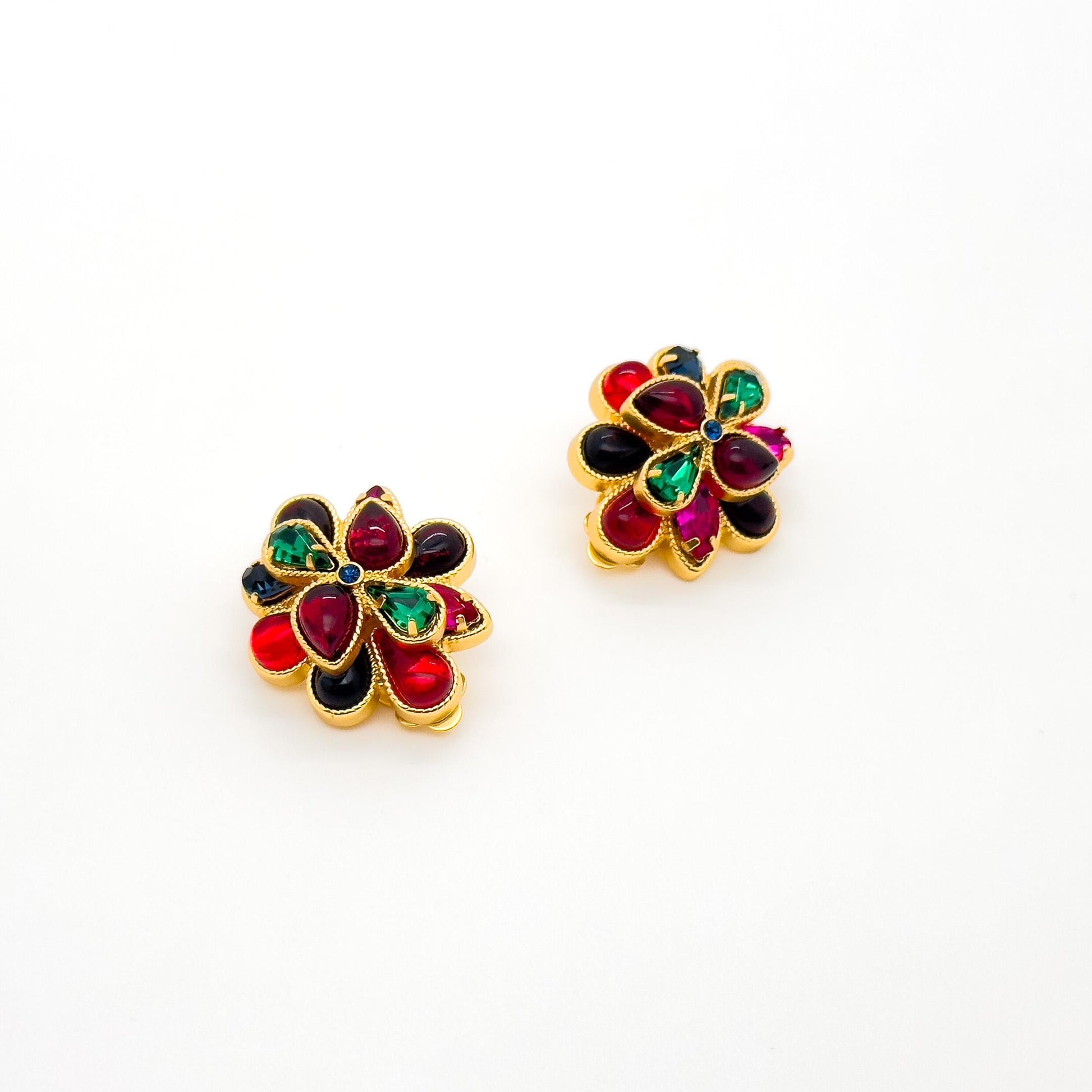 French Vintage Coloured Glass Flower Clip-On Earrings, Gold-Plated