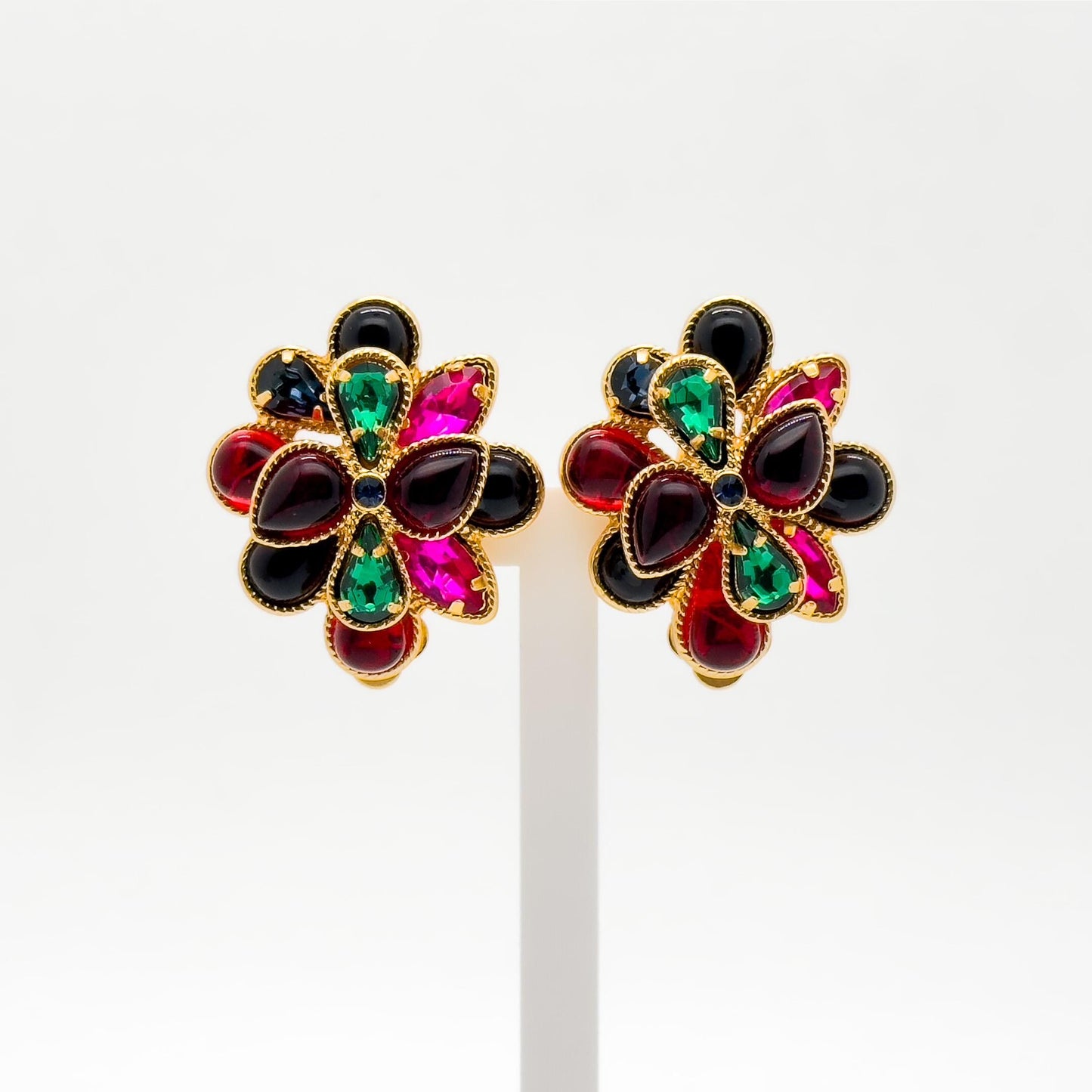 French Vintage Coloured Glass Flower Clip-On Earrings, Gold-Plated