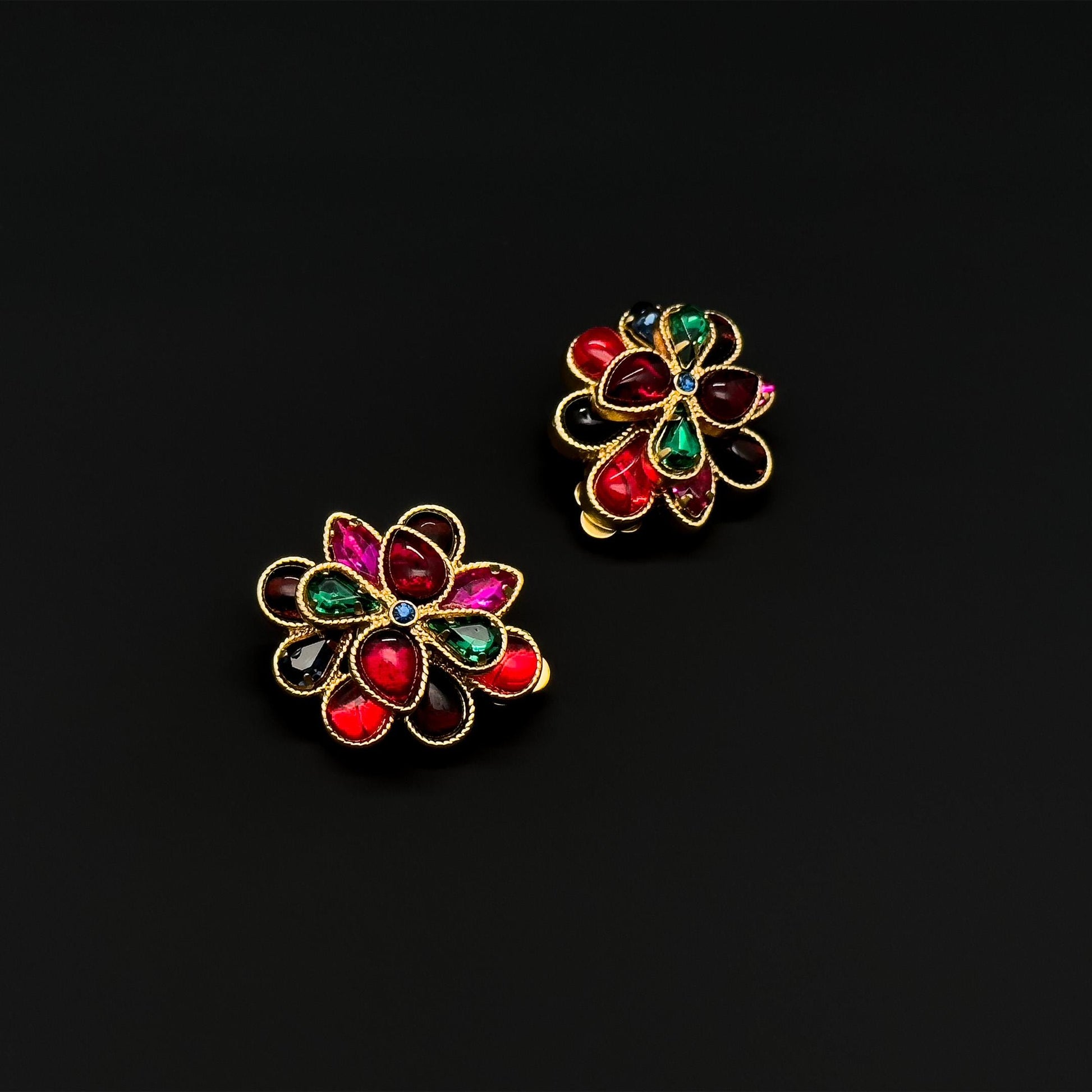 French Vintage Coloured Glass Flower Clip-On Earrings, Gold-Plated