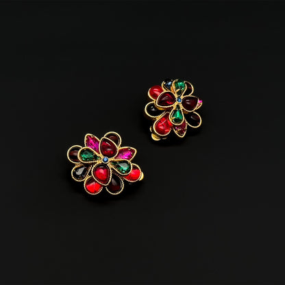 French Vintage Coloured Glass Flower Clip-On Earrings, Gold-Plated