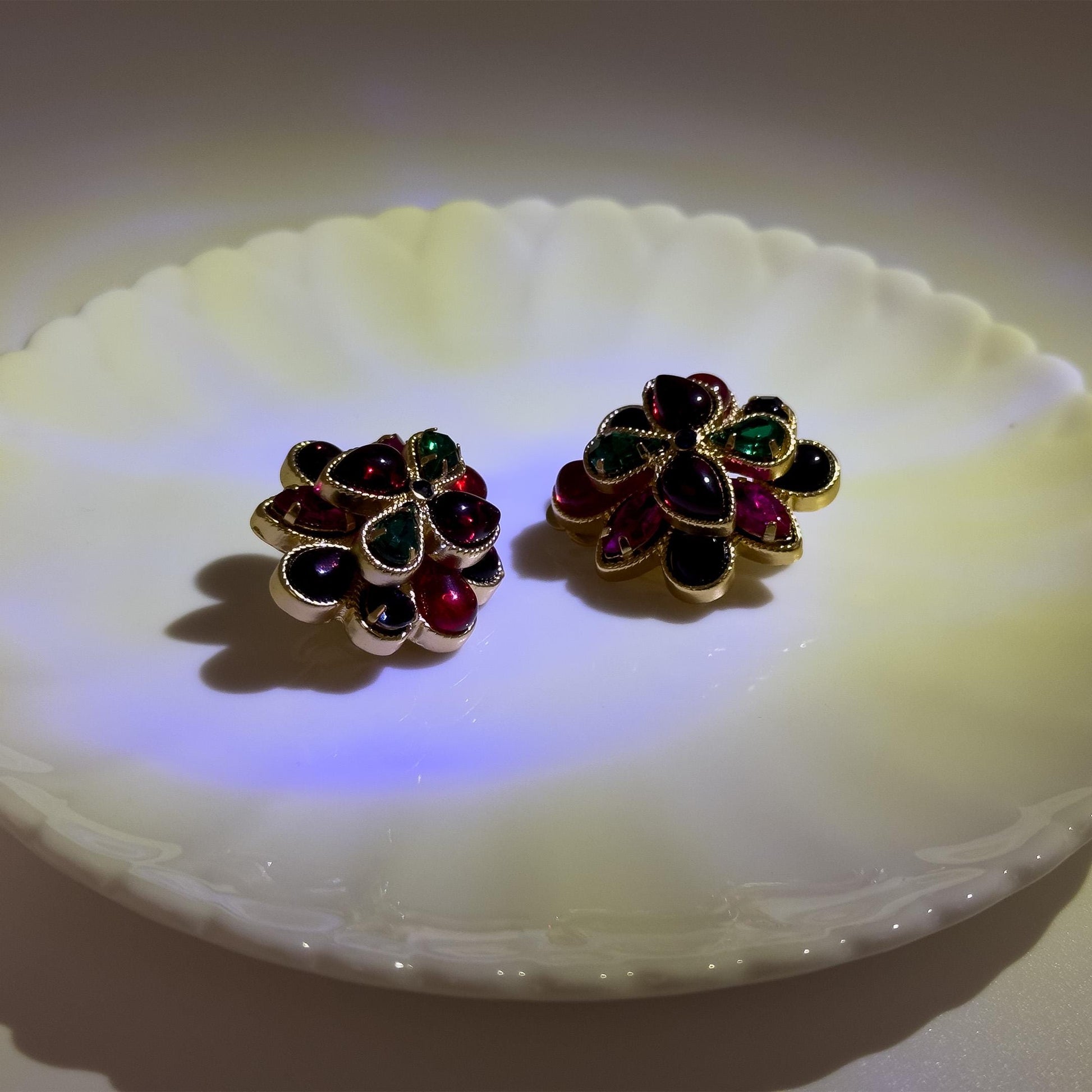 French Vintage Coloured Glass Flower Clip-On Earrings, Gold-Plated