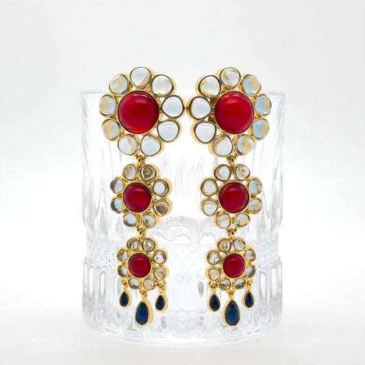 French Vintage Sunflower 3D Dangle Fringe Earrings, Gold-Plated Detail