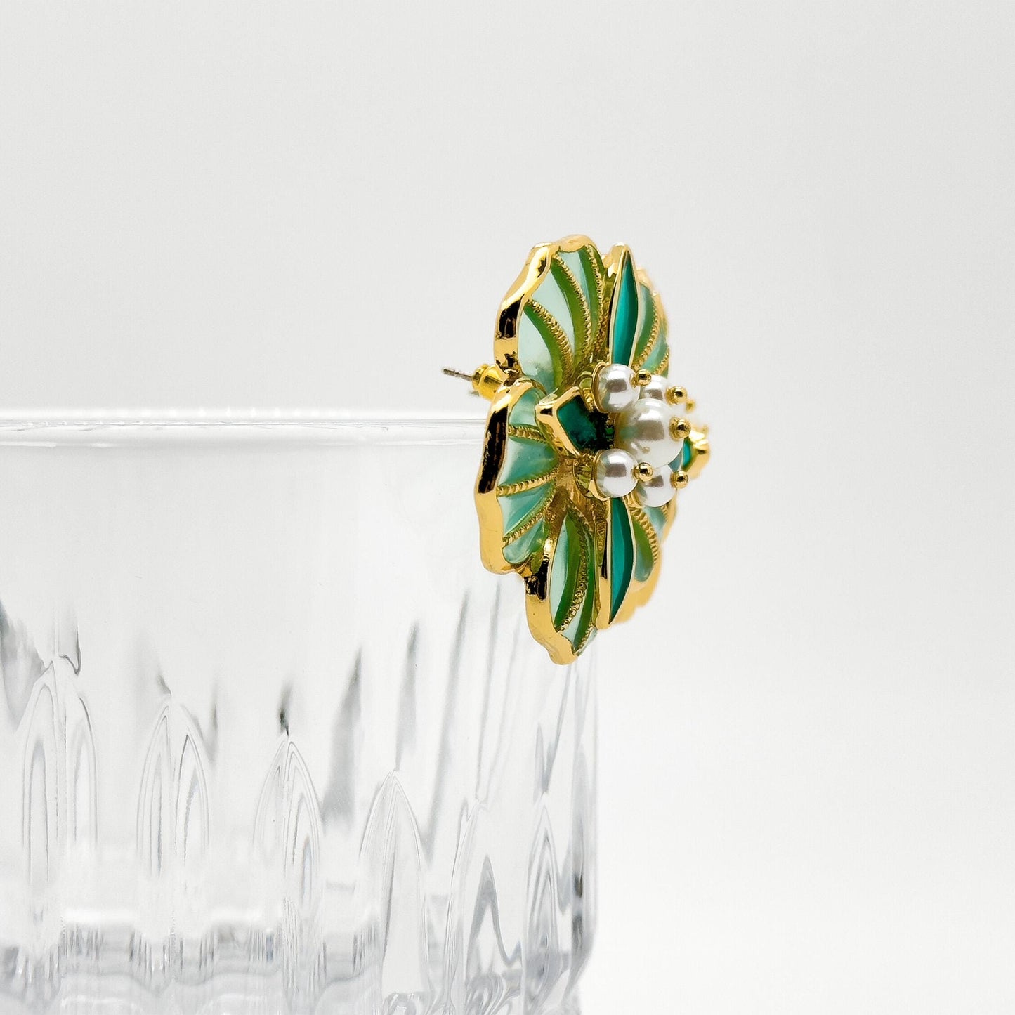 French Vintage Green Floral Stud Earrings with Pearls and Resin